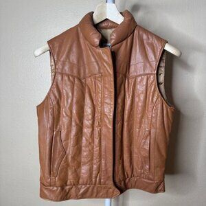 FRYE Vest Women's Small Brown Padded Leather Pocket Zip Waistcoat GILET Vtg
